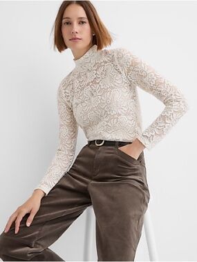 NWT LOFT Sheer Lace Mock Neck Long Sleeve Blouse
